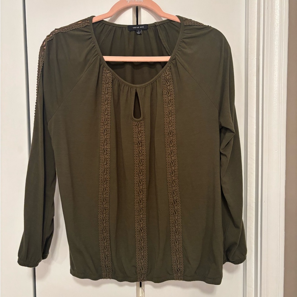 Verve Ami Olive Green Lace-Trim Long Sleeve Blouse